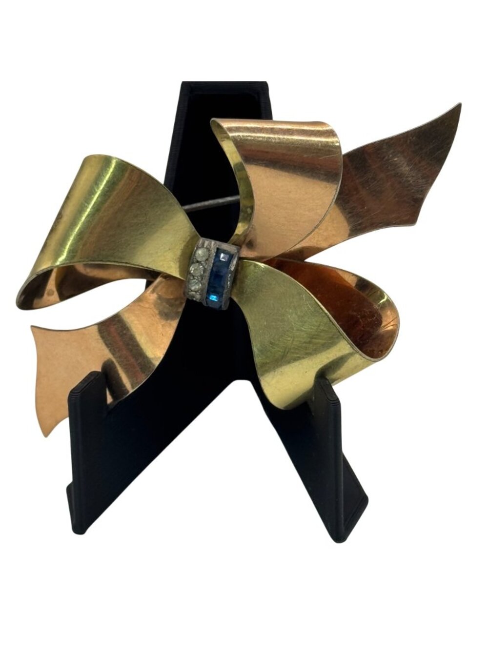 Vtg 1940s Signed TAYLORD 12k Gold Filled Bow Brooch 4" Sapphire Blue Rhinestones